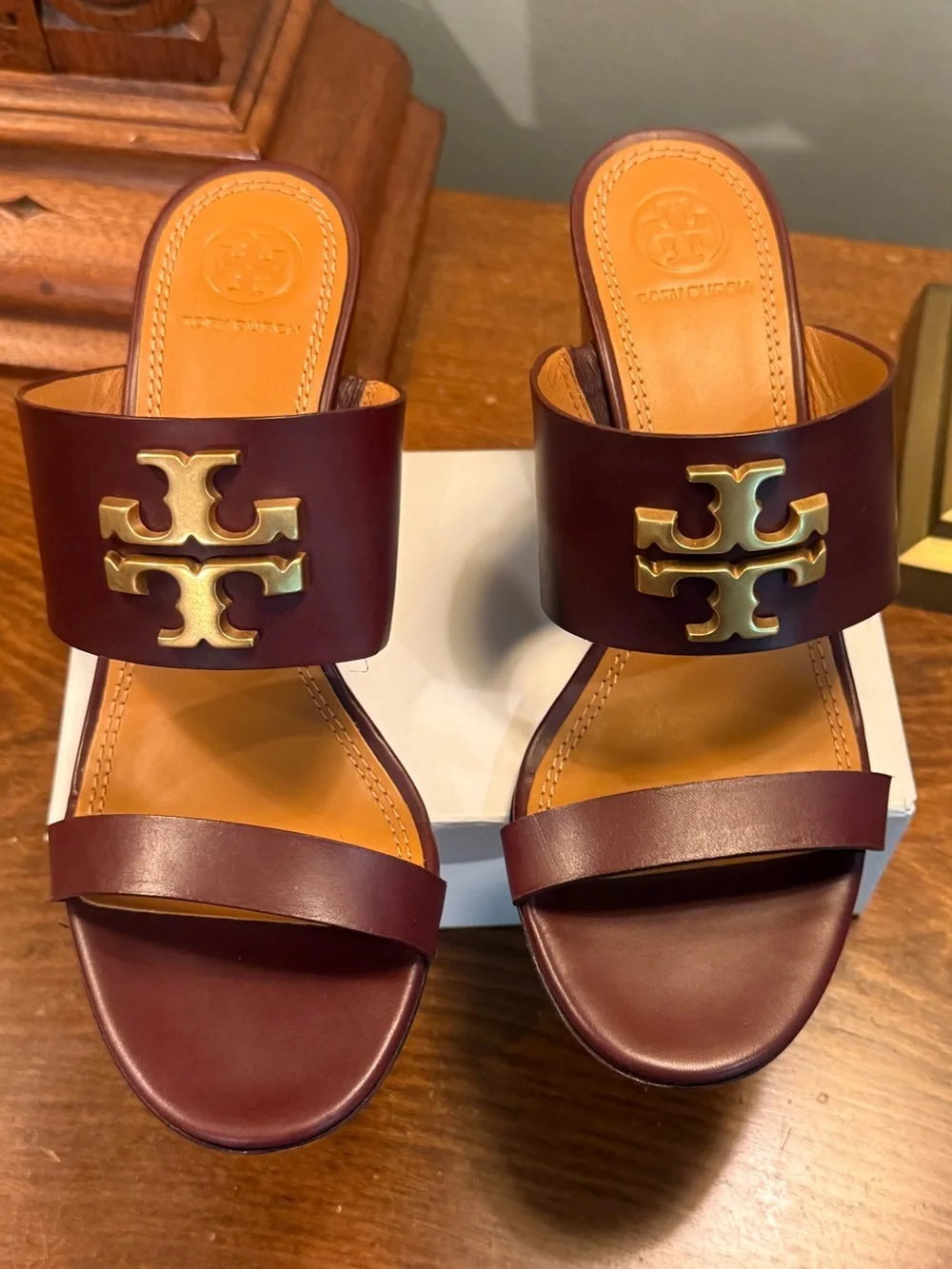 Tory Burch Burgundy Leather Wedge Sandals with Gold Logo